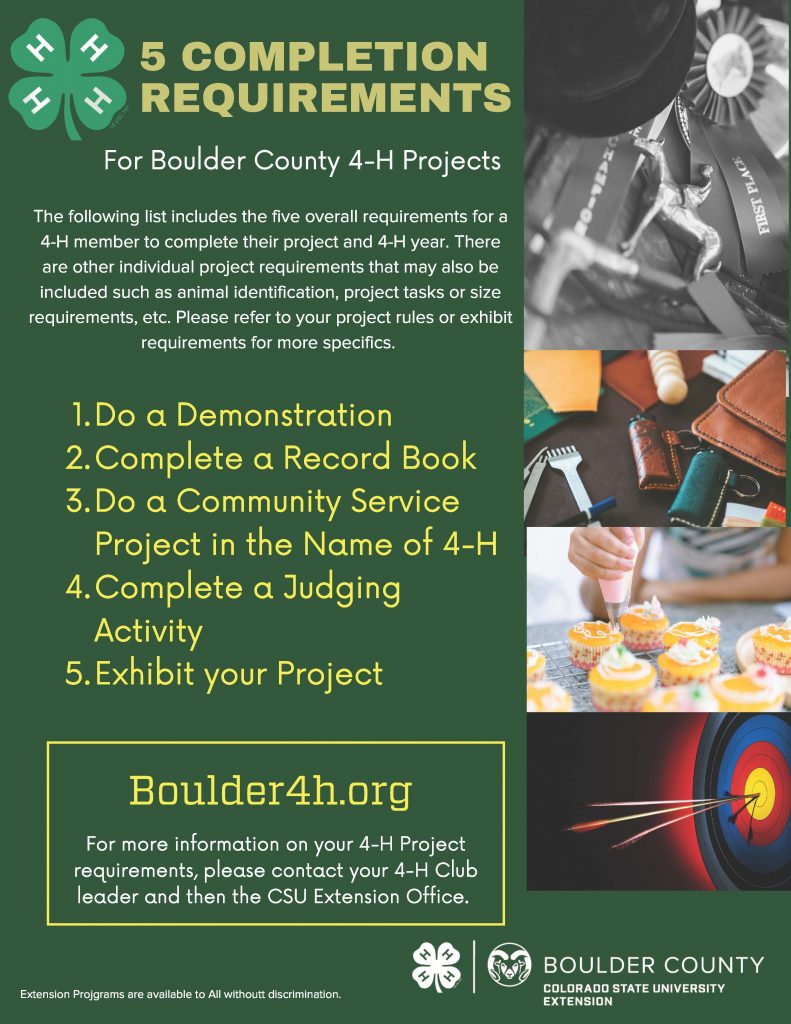 5 steps to completion graphic which includes: 
1. do a demonstration
2. Complete a record book
3. do a community service project in the name of 4-H
4. complete a judging activity
5. Exhibit your project